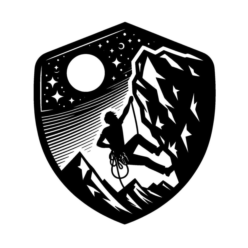 ShieldShaped Emblem A Climber Silhouetted Against a Starry Night Sky and Mountain Peaks, Representing Adventure and Perseverance. vector