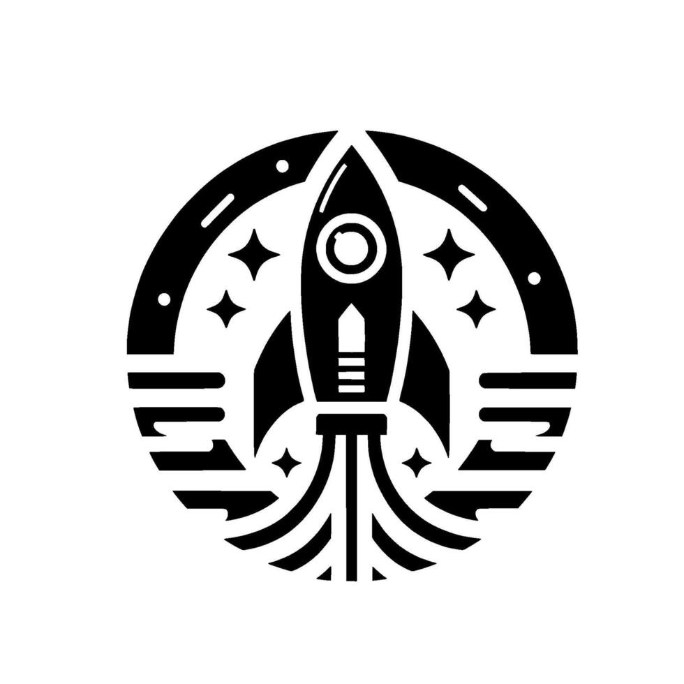 Black and white stylized illustration of a rocket ship launching into space, encircled by stars and a decorative ring. vector