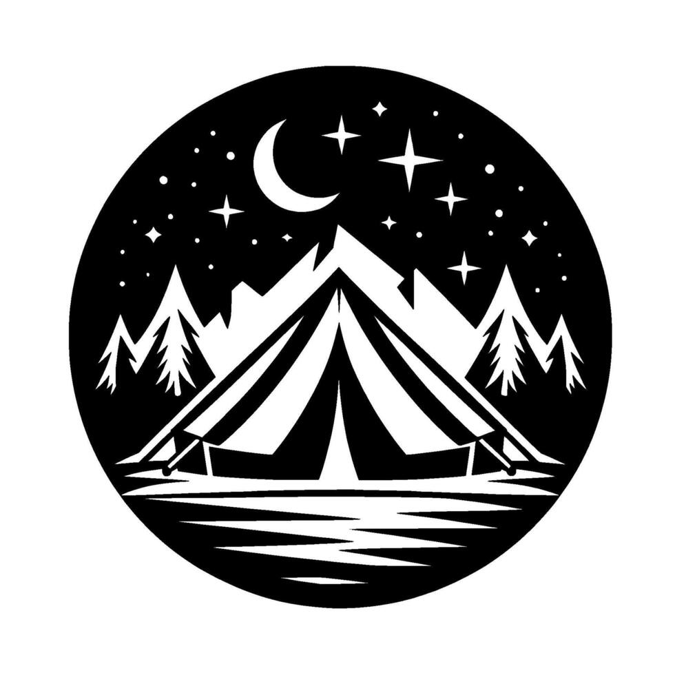 Black and White Silhouette Illustration Tent under a crescent moon and stars, set in mountains, reflecting on water, with trees on each side. vector