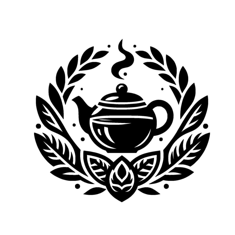 Elegant Black and White Tea Teapot Surrounded by Laurel Wreath and Floral Embellishments on White Background. vector