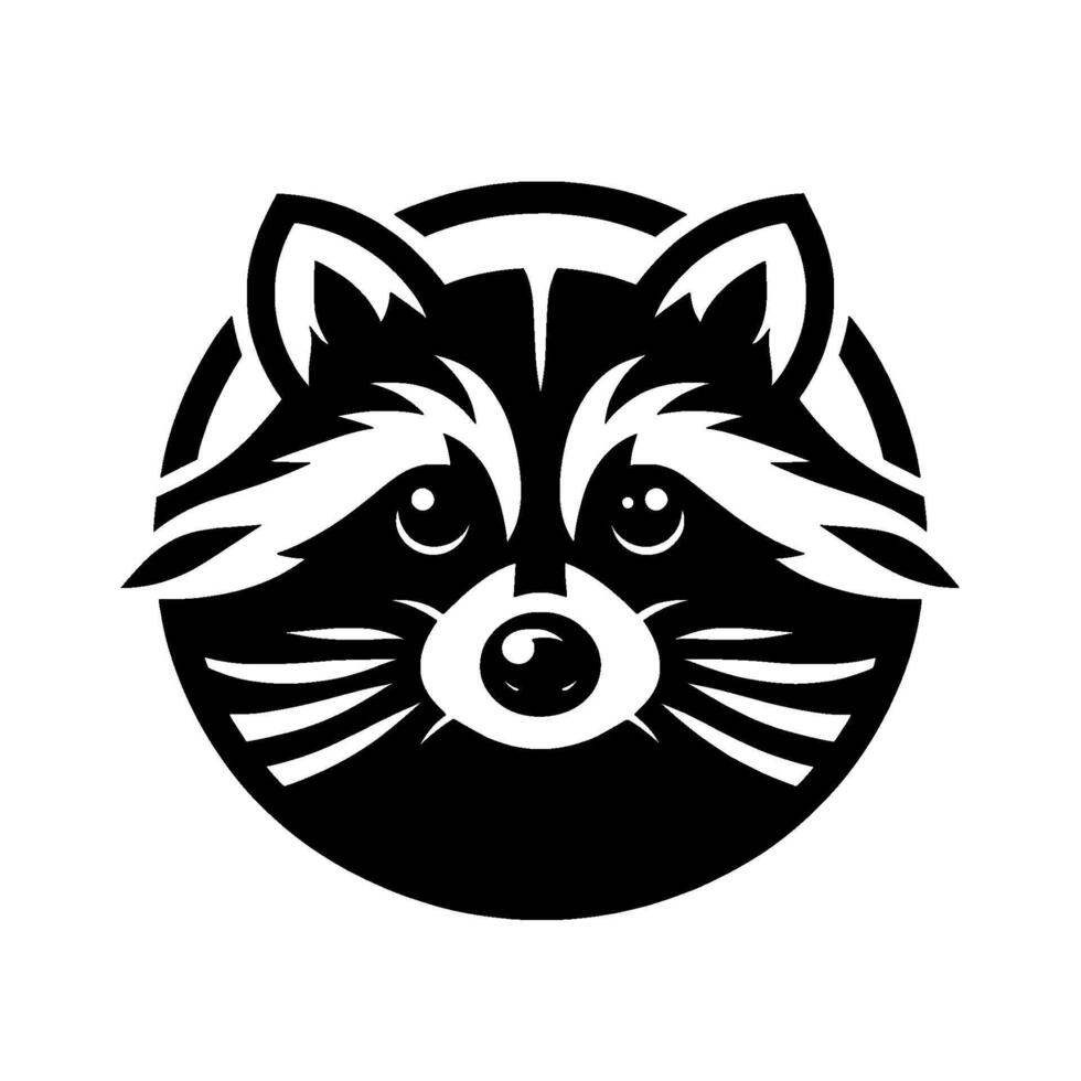 A striking black and white minimalist of a raccoon face, encapsulated within a perfect circular frame on white background. vector