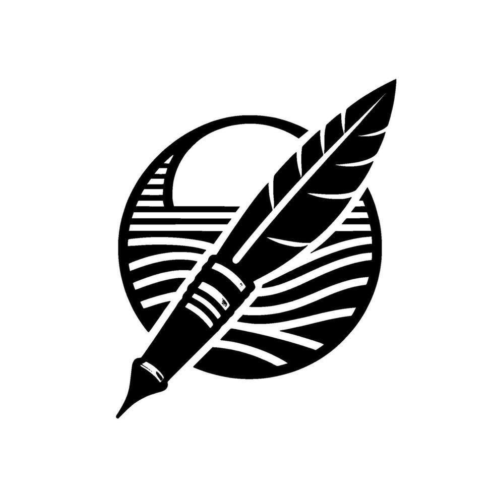 Elegant Black White Illustration A Quill Pen Overlapping a Circular Composition with SunriseSunset Stripes vector