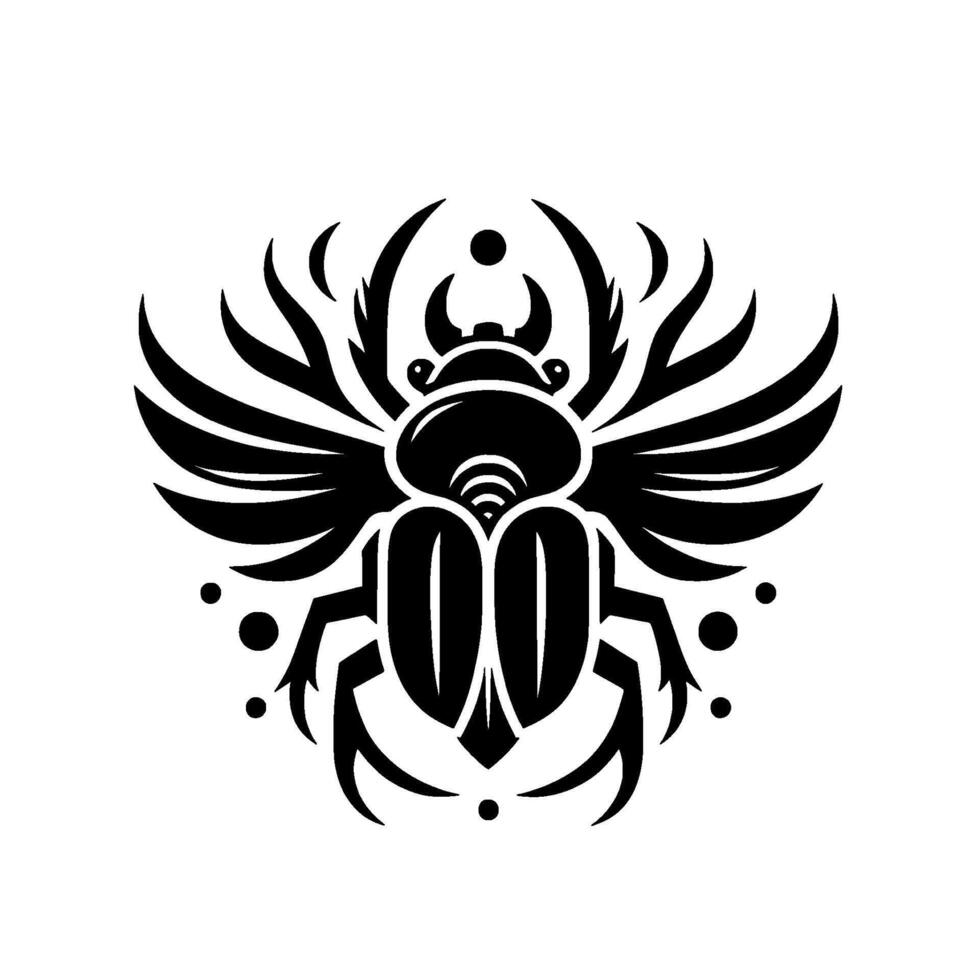Symmetrical Black and White Beetle Illustration with Winged , Emphasizing Egyptian Influences and Geometric Shapes vector