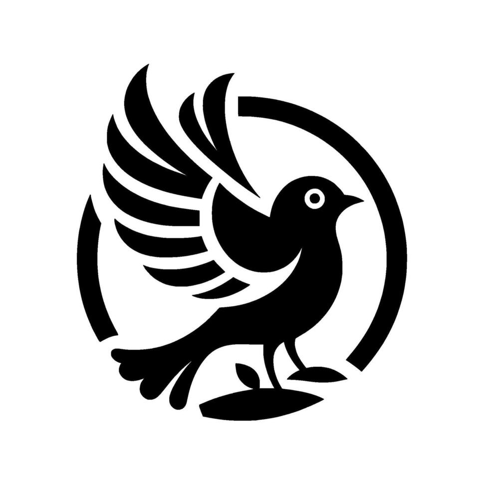 A stylized, minimalist black bird enclosed within a circular frame, depicting a serene bird with outstretched wings, perched gracefully, conveying freedom. vector