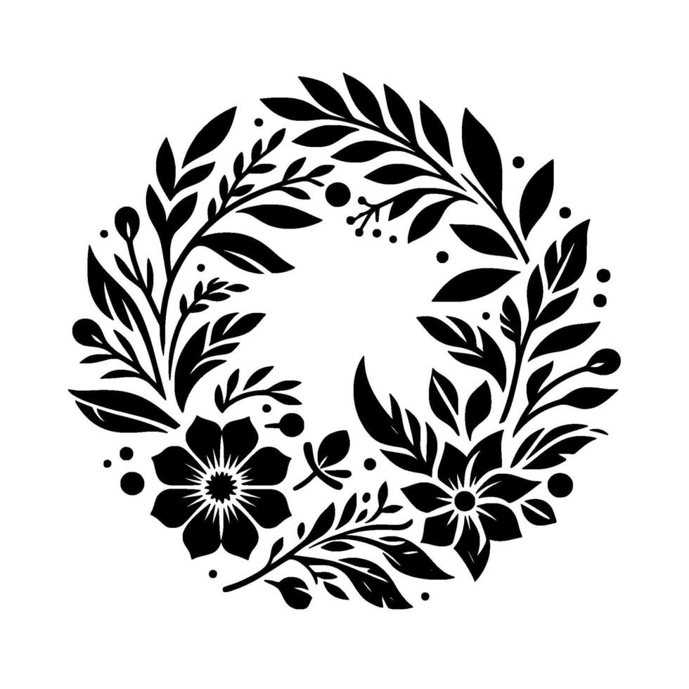 Elegant Monochrome Floral Wreath Black silhouettes of flowers, leaves, and berries form a symmetrical circular on white background, suggesting nature and harmony. vector
