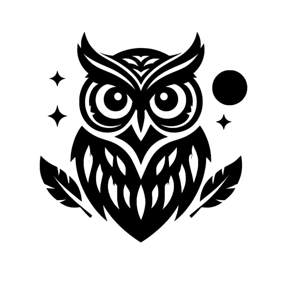 A stylized black and white illustration of an owl with feathers, stars, and a full moon in a minimalist . vector