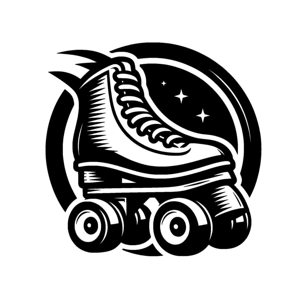 Stylized Black and White Roller Skate in Circular Emblem with Starry Sky Background and Decorative Flames vector
