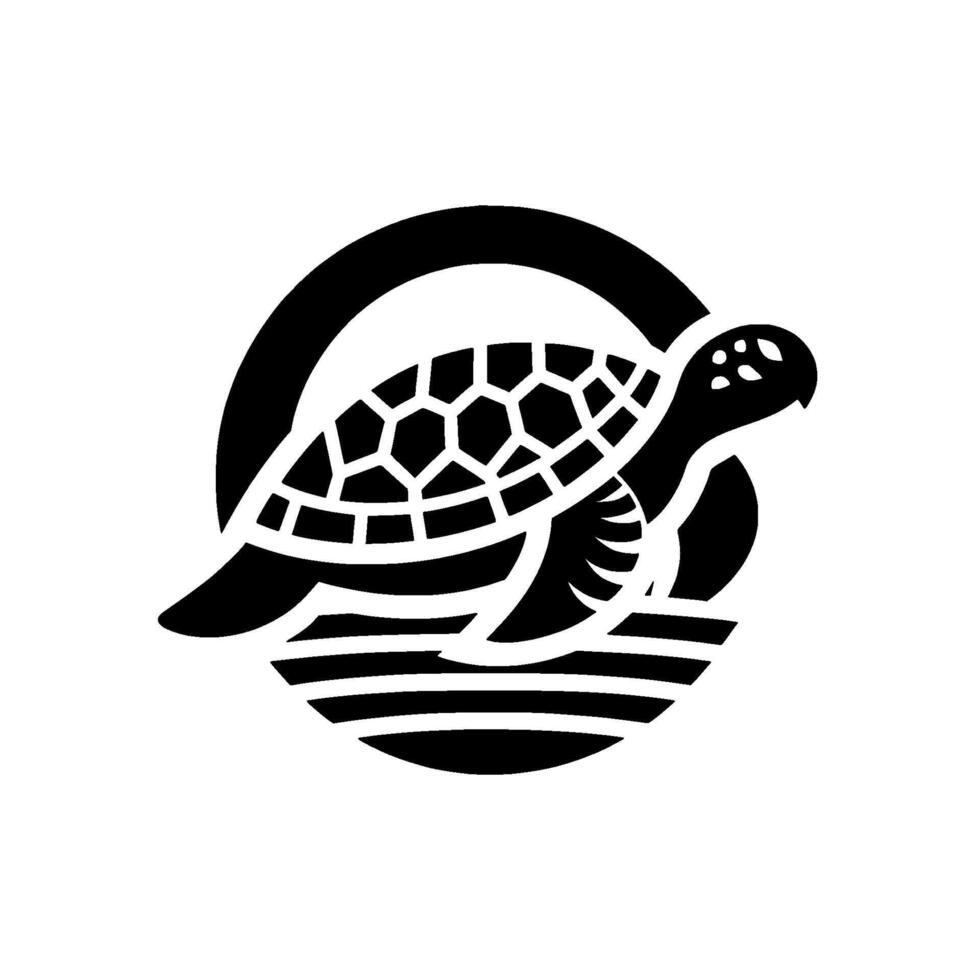 A stylized black and white of a sea turtle with a geometric patterned shell swimming above water, within a circular frame. vector