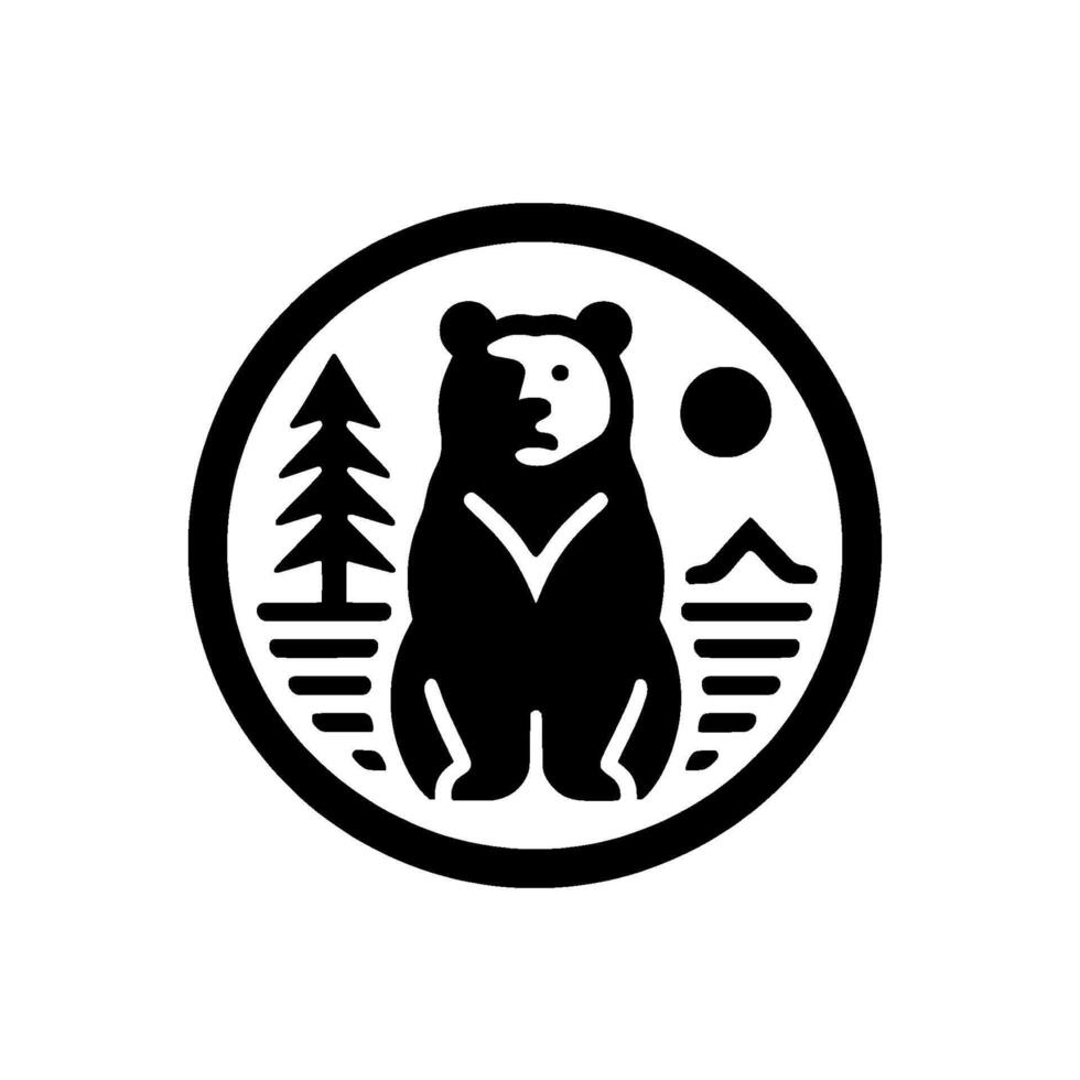 Minimalist Black and White Circular Featuring a Bear, Pine Tree, Mountains, and Sun, Representing Natures Embrace vector