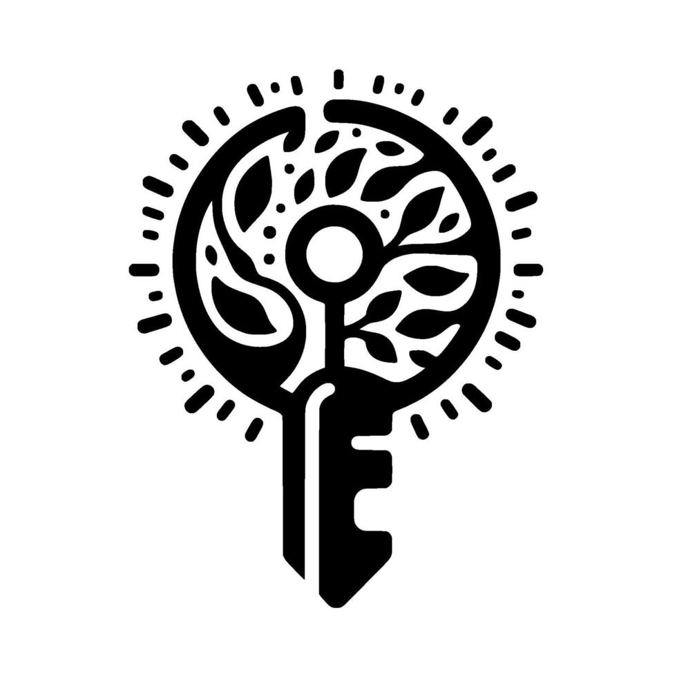 Symbolic black and white illustration of a stylized key with a circular crown featuring plant elements and dotted rays radiating outwards. vector