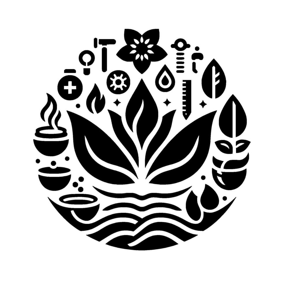 Black and White Circular Emblem of Natures Harmony Lotus, Water, Leaves, and Diverse Elements Depicting Life, Balance, and Growth. vector