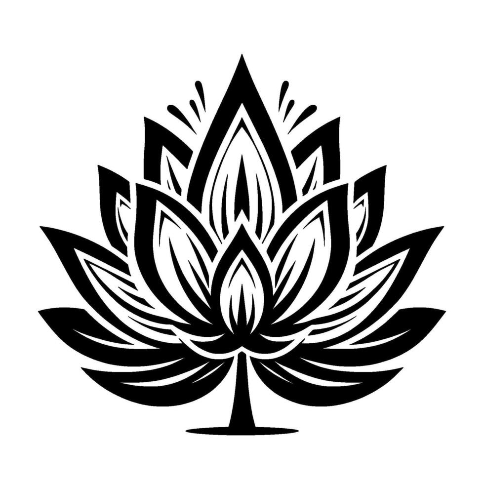 style illustration of a symmetrical lotus flower, with a bold black and white , evoking tranquility and spiritualism, on a clean white background. vector