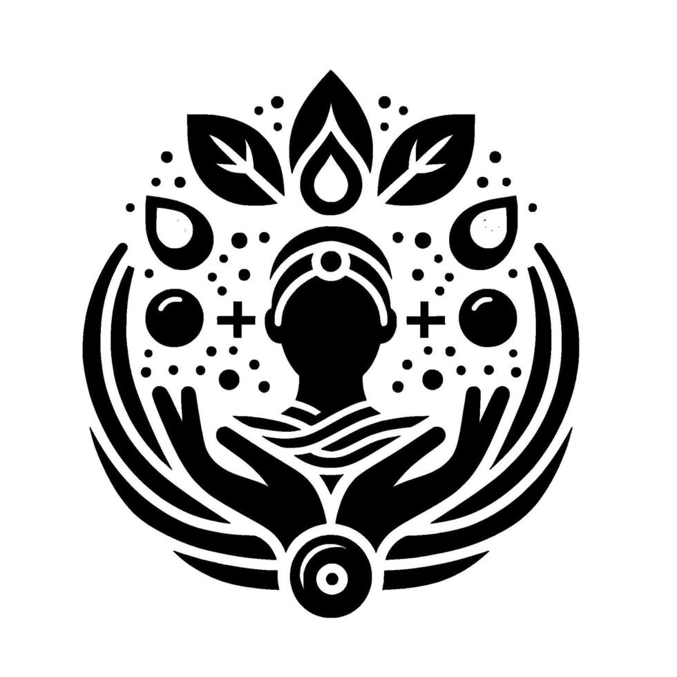 Symmetrical black and white illustration of a serene figure encircled by natural elements, symbolizing balance and wellbeing, embodying a spiritual aura. vector