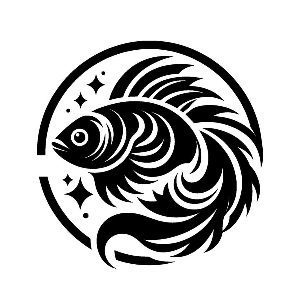 Elegant Black and White Circular Fish Emblem with Stylized Details, Star Accents, and Ornate Tail, Isolated . vector