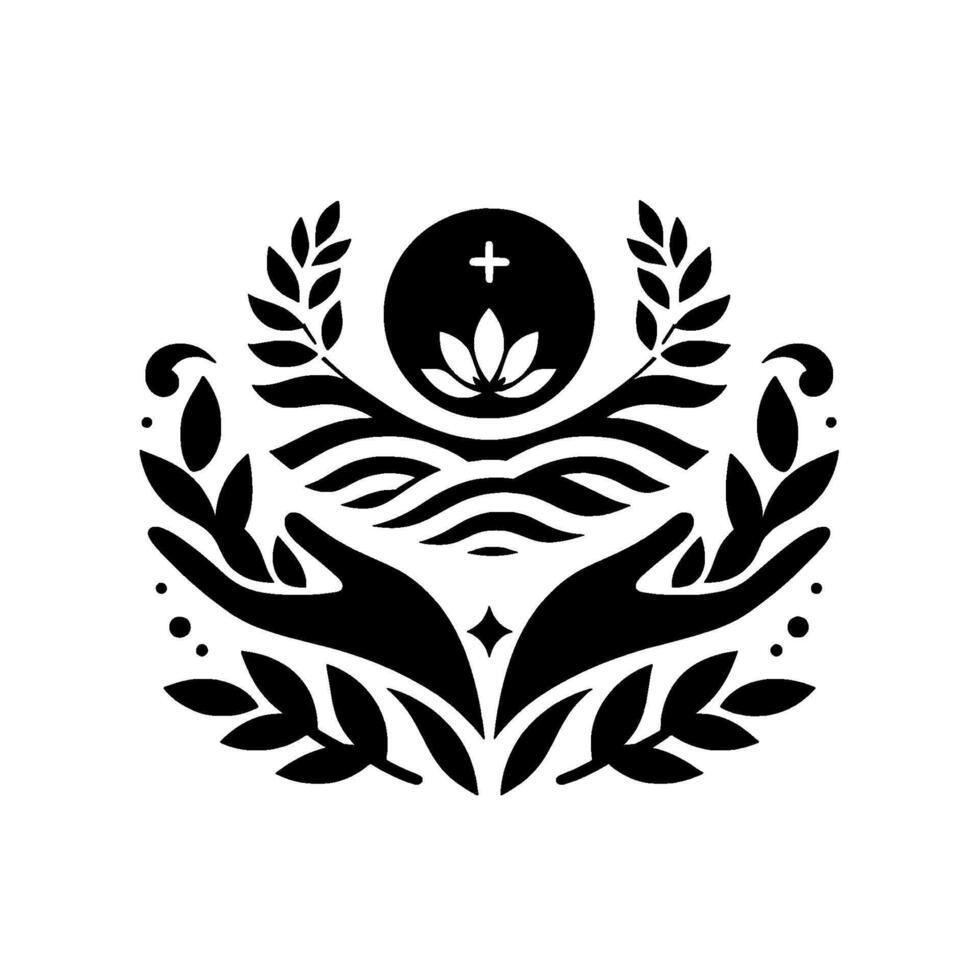 Symbolic Black White Emblem Open Hands Embracing a Cross, Lotus, Branches, and Wavy Lines, Representing Faith and Nature. vector