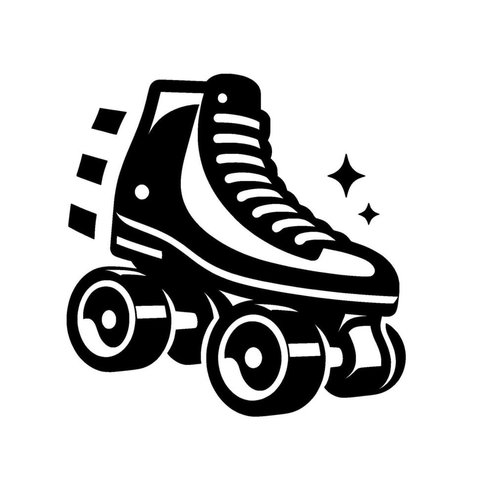Dynamic Black and White Illustration of a Retro Roller Skate with Speed Lines and Sparkling Stars on a Clean White Background. vector