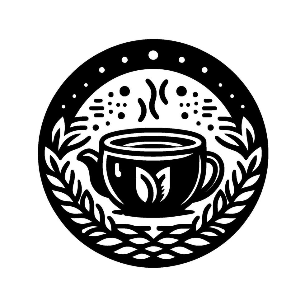Black and white tea cup encircled by leafy branches with steam,dots and a decorative border. vector
