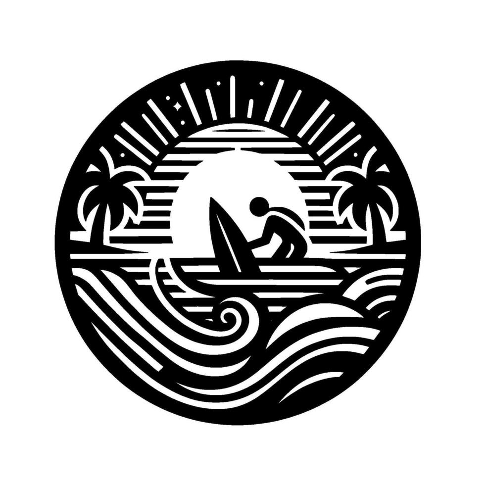 Black and white circular surf scene silhouette with a surfer riding waves at sunset, palm trees, and a stylized sun. vector