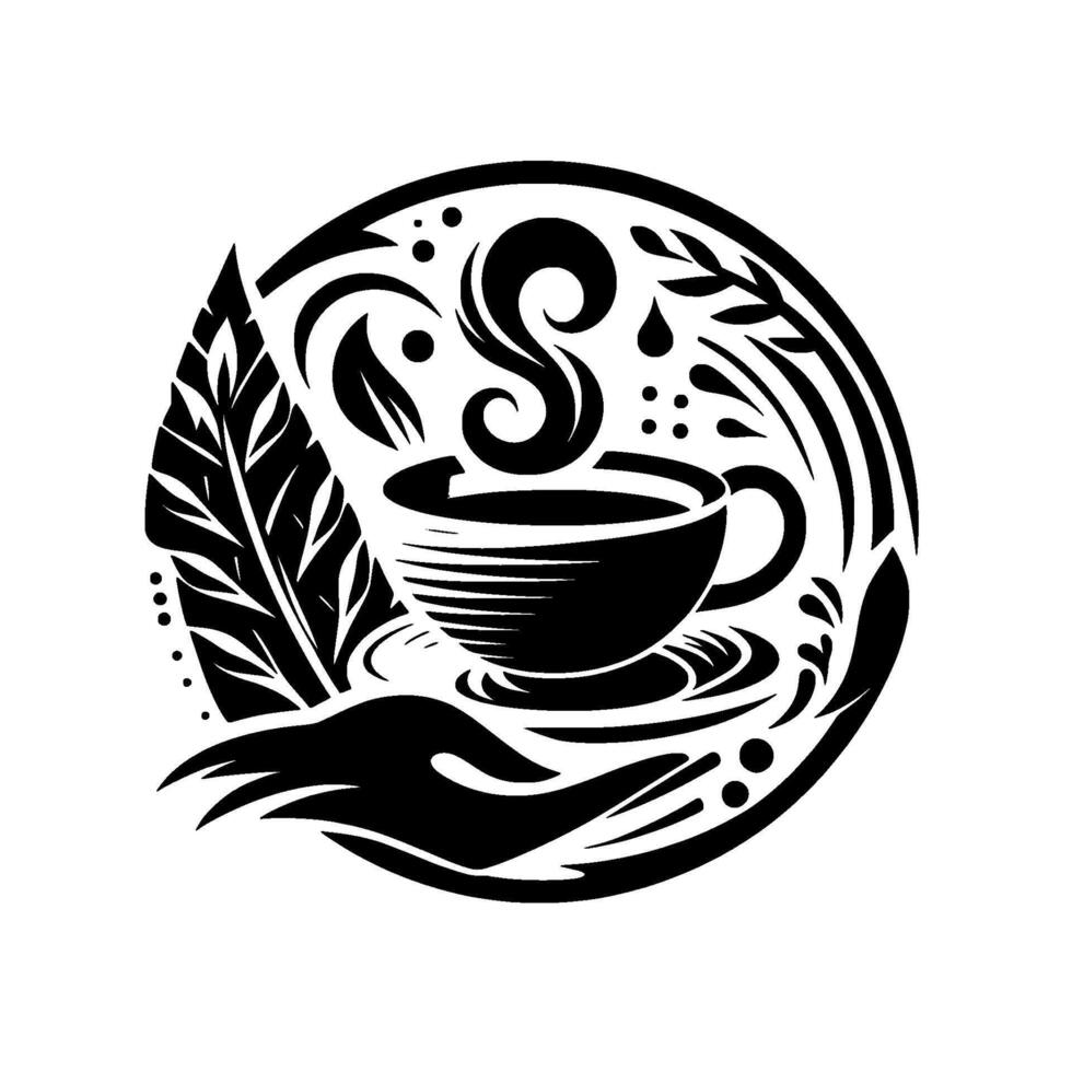 Abstract black and white emblem showcasing a steaming coffee cup held in stylized hands, surrounded by organic floral elements within a circular frame. vector