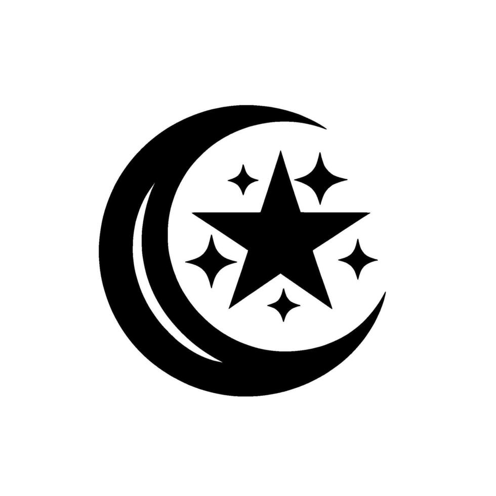 Celestial Black and White Crescent Moon Embraces a Central Star, Surrounded by Four Sparkles. vector