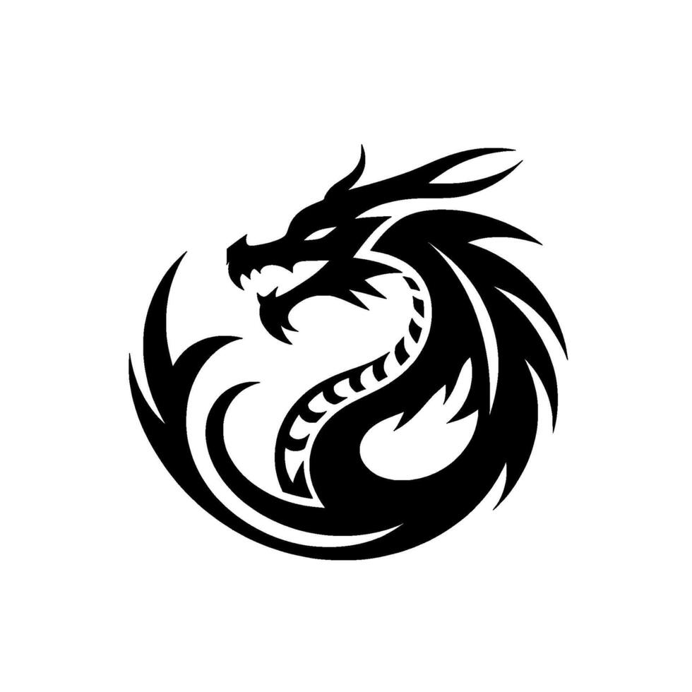 A stylized, black dragon crest, coiled into a circular shape, featuring sharp teeth, horns, and a segmented spine, set against a pristine white background. vector