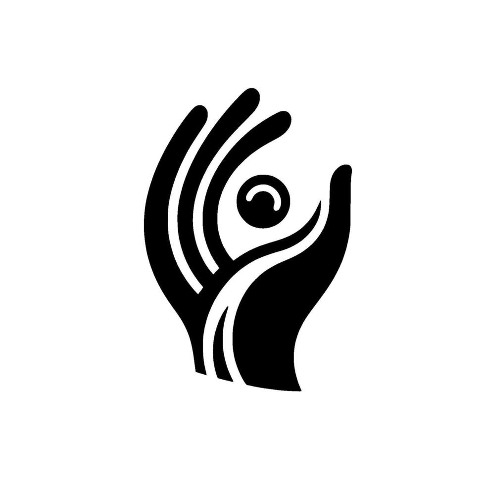 Symbolic Black and White Open Hand Cradle Protecting a CrescentShaped Sphere, Representing Care Nurturing. vector
