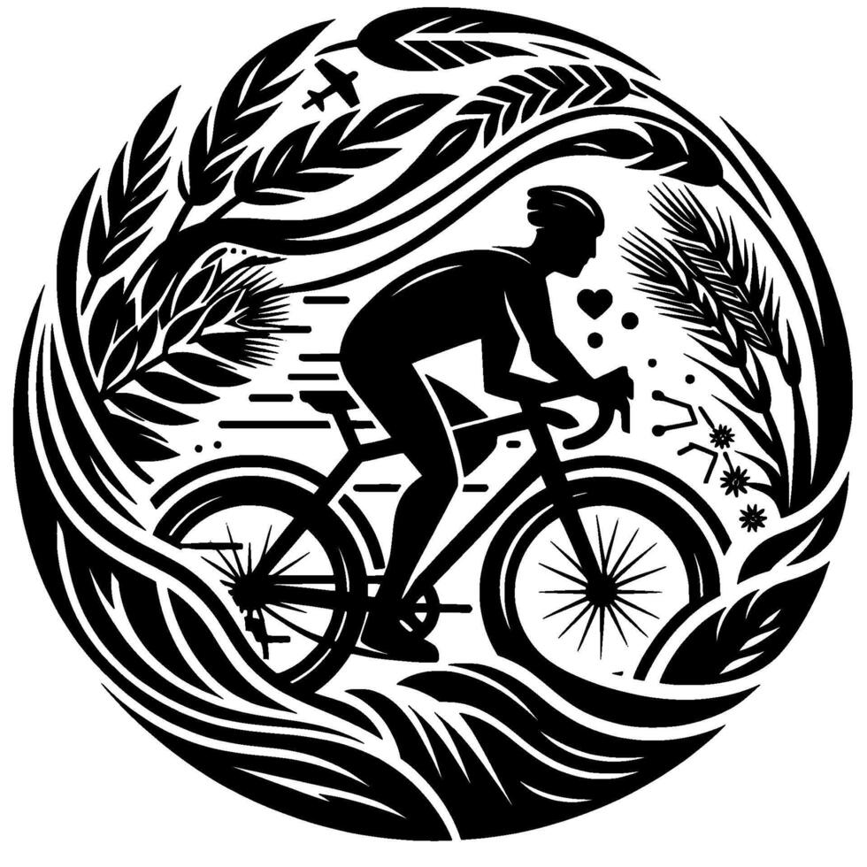 Cyclist in silhouette surrounded by wheat, leaves, and a plane , enclosed in a circular with a heart symbol. vector