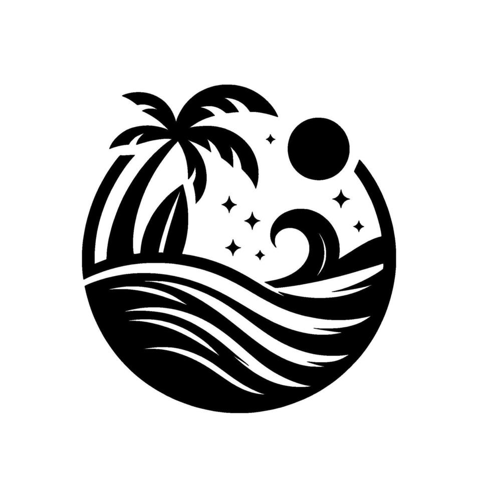 Silhouette of Tropical Paradise in Circle Palm, Surfboard, Waves, Sun, Stars, Minimalistic . vector