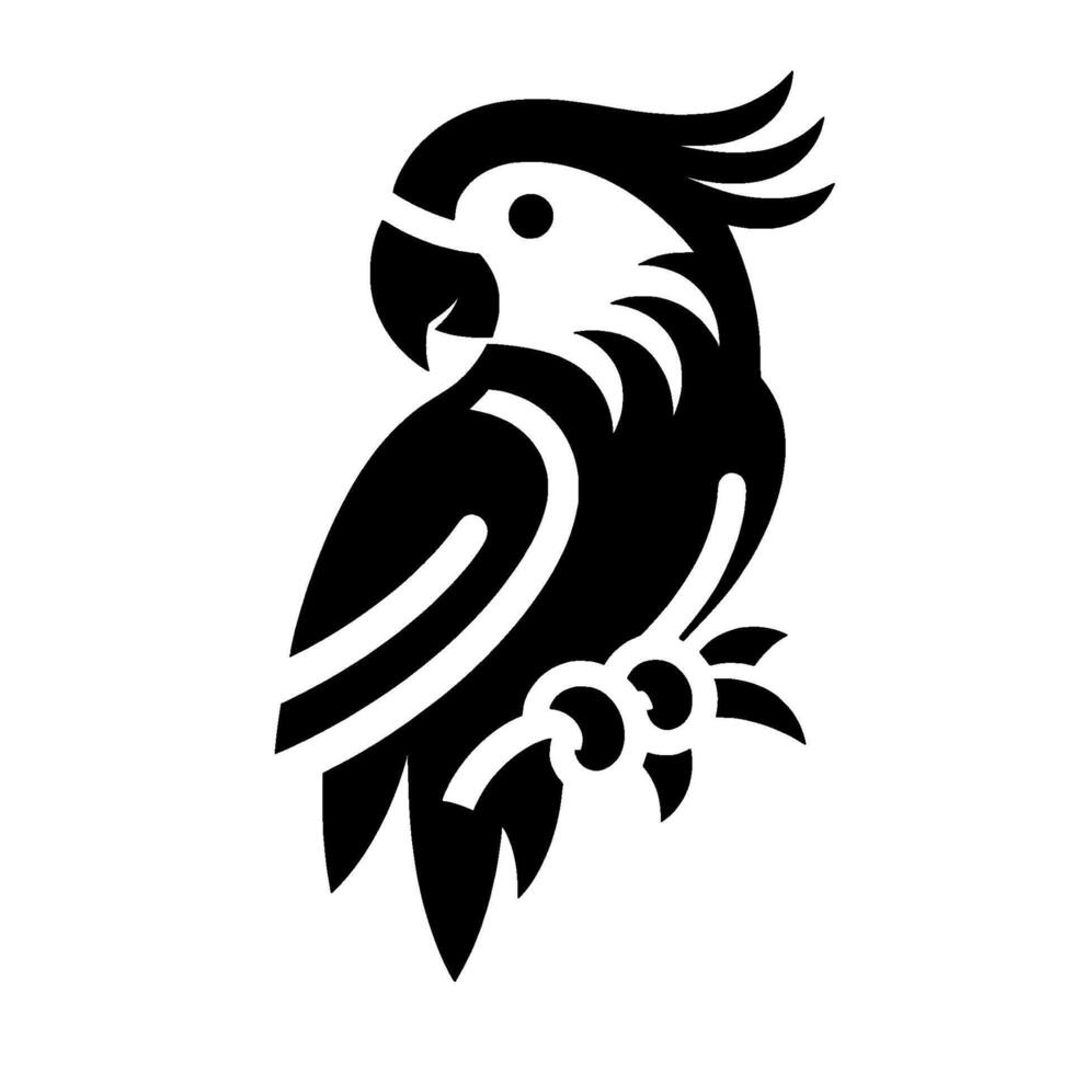Bold black and white stylized illustration of a cockatoo perched sideways, showcasing clean lines and minimal details. vector