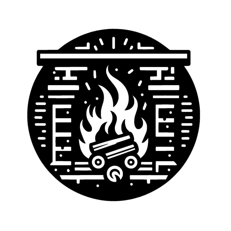 Stylized black and white fireplace illustration with burning logs and flames, set within a circular frame, minimalistic and modern. vector