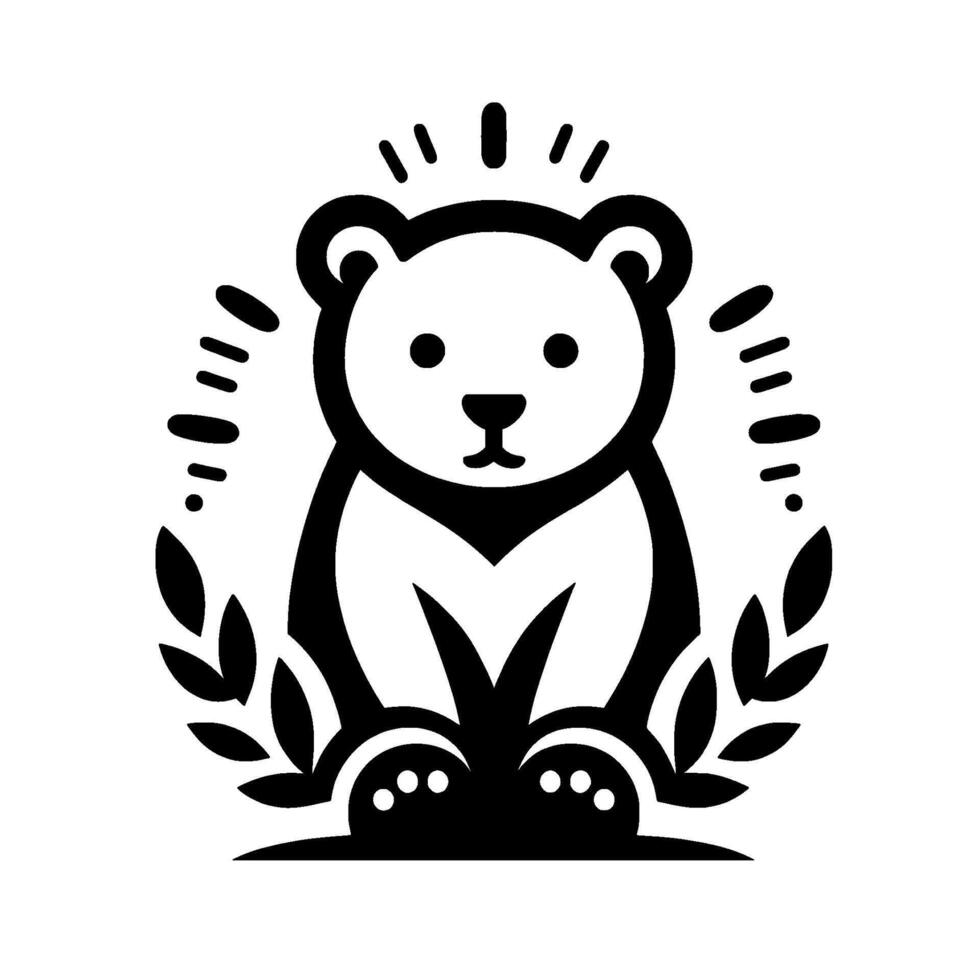Adorable Black and White Bear Cub Sitting in a Circle of Leaves, Radiant with Rays, Minimalist . vector