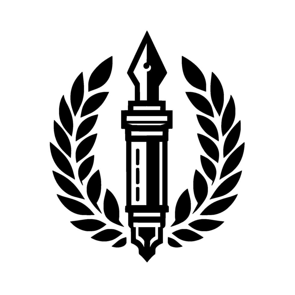 A Bold Monochrome Emblem Elegant Fountain Pen Centered in Laurel Wreath, Symbolic of Writing, Knowledge, and Achievement. vector