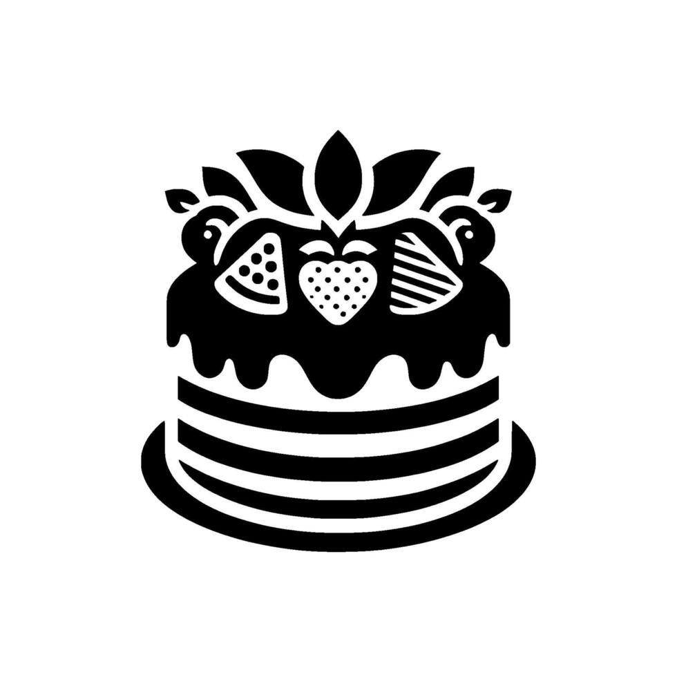 Black and White Cake Illustration with Strawberry, Leaf, and Berry Decoration on White Background. vector