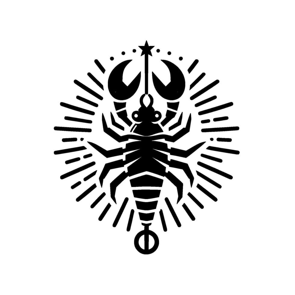Black and White Stylized Scorpion with Star and Sunburst , Zodiac Symbol, on White Background. vector