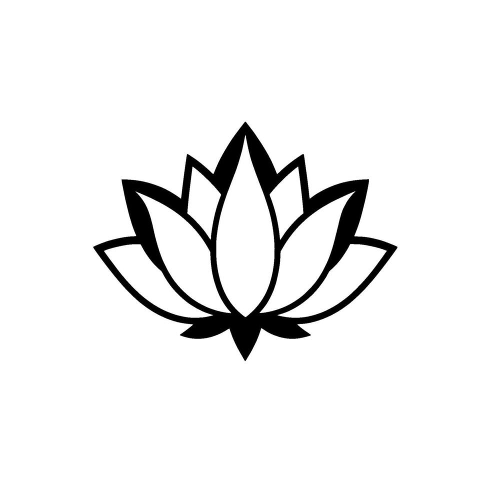 A minimalist black and white illustration of a lotus flower, symmetrical, and against a plain white background. vector