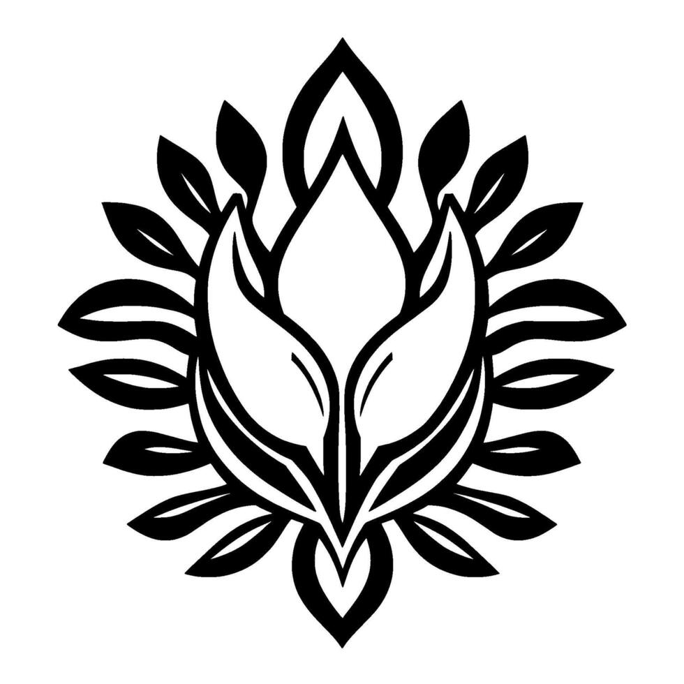 Bold Black White Floral Mandala Symmetrical Artistic Rendering Featuring a Central Bud Surrounded by Outward Leafy Petals, Illustrative . vector