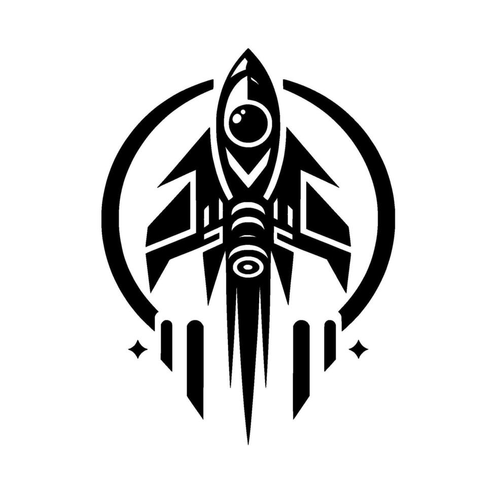 A stylized, symmetrical black and white spaceship emblem enclosed in a circular border, ready for takeoff. vector