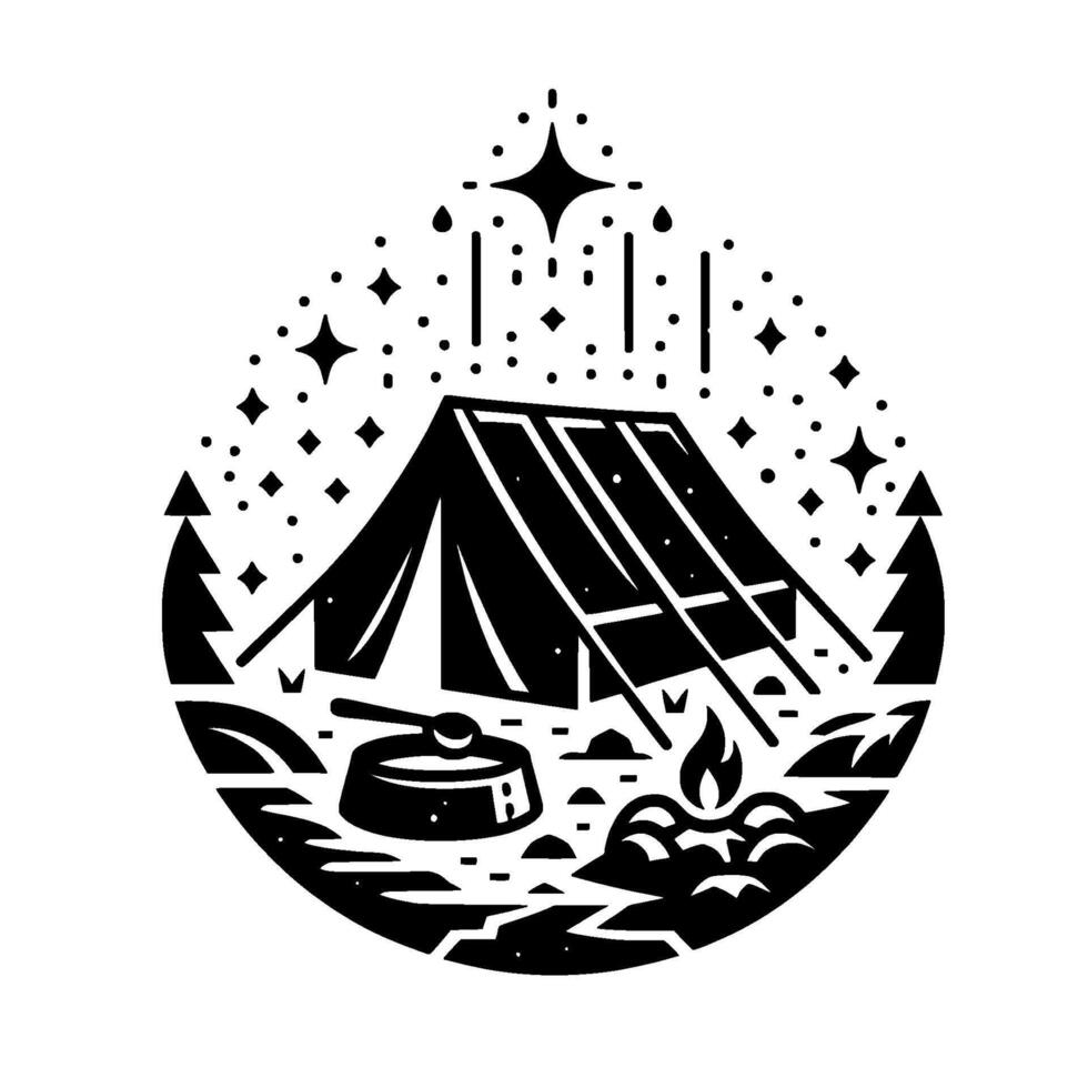 Minimalist Camping Scene in Teardrop Frame Tent, Fire, Cookware, Trees, Starry Night, Black White Illustration vector