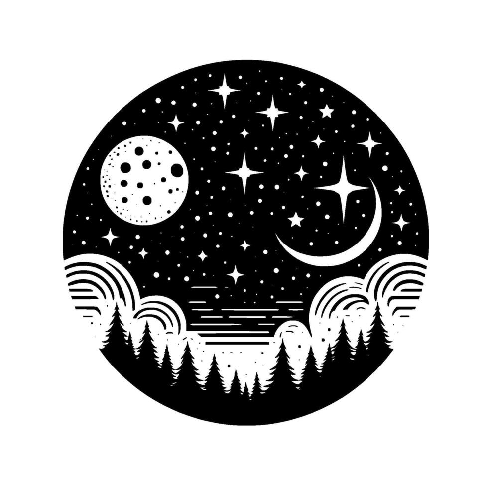 Black and white circular illustration night scene featuring moon, stars, crescent, clouds, forest silhouette and water. vector