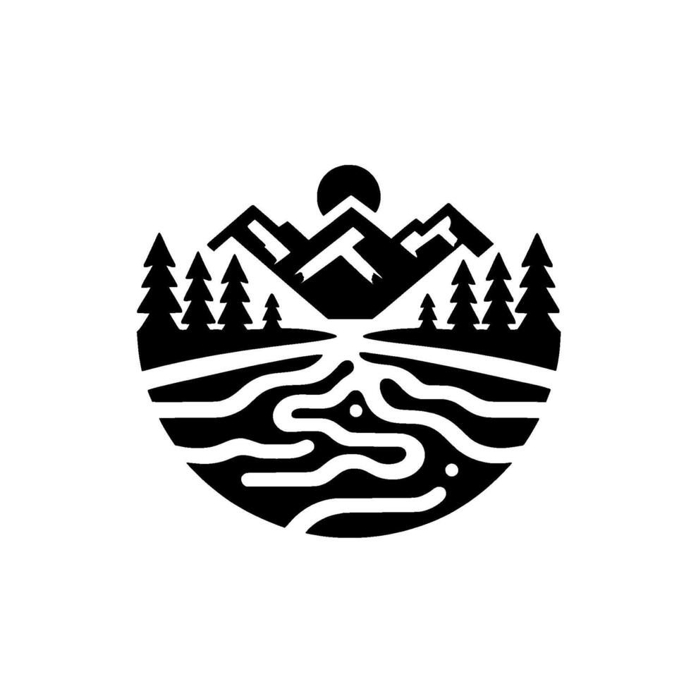 Circular Monochrome Illustration of a Serene Mountain Landscape with a River, Pine Trees, and Sun. vector