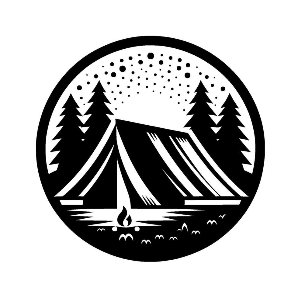 Monochrome camping scene in a circular emblem, featuring tent, bonfire, trees, water, and birds under a starry sky. vector
