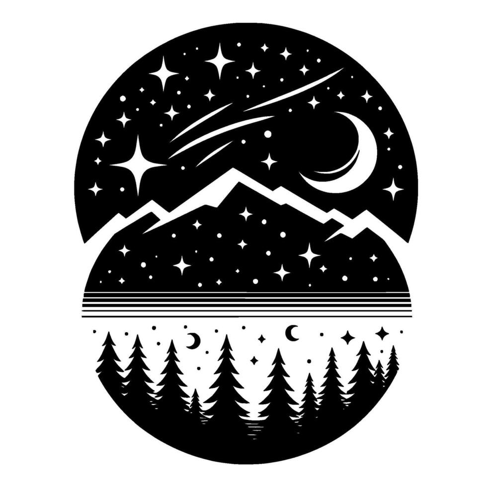 Circular Black and White Illustration of Mountain Range Beneath a Starry Night Sky with Crescent Moon and Evergreen Trees vector
