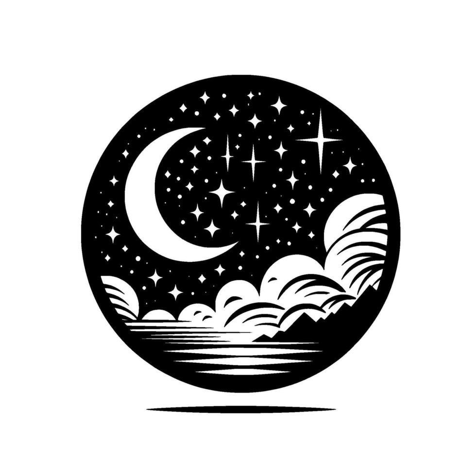 Silhouette art of a crescent moon, stars, clouds, and mountains, contained within a black circular frame against a white backdrop. vector