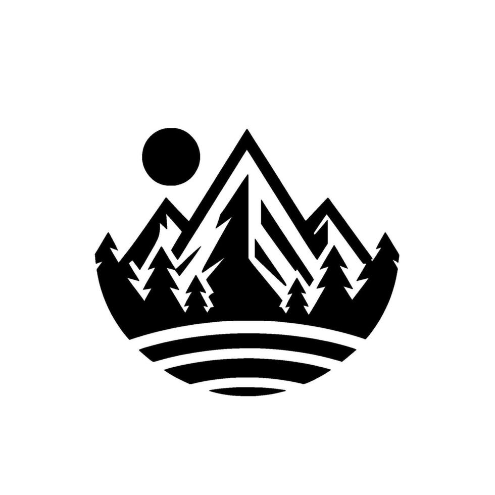 Minimalist Monochrome Illustration Crestshaped landscape featuring stylized mountains, trees, and a sun, evoking natures tranquility. vector