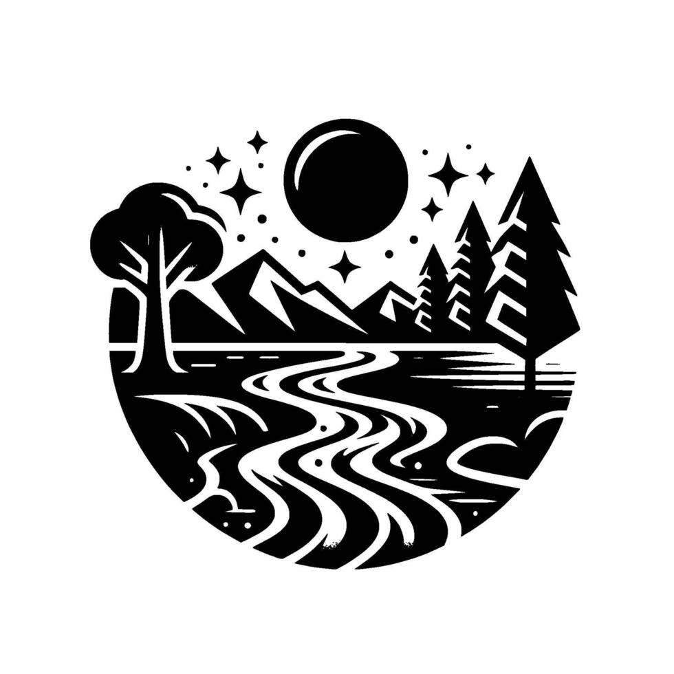 Black and white stylized nature scene Mountains, trees, river, moon, stars within a circular border. vector