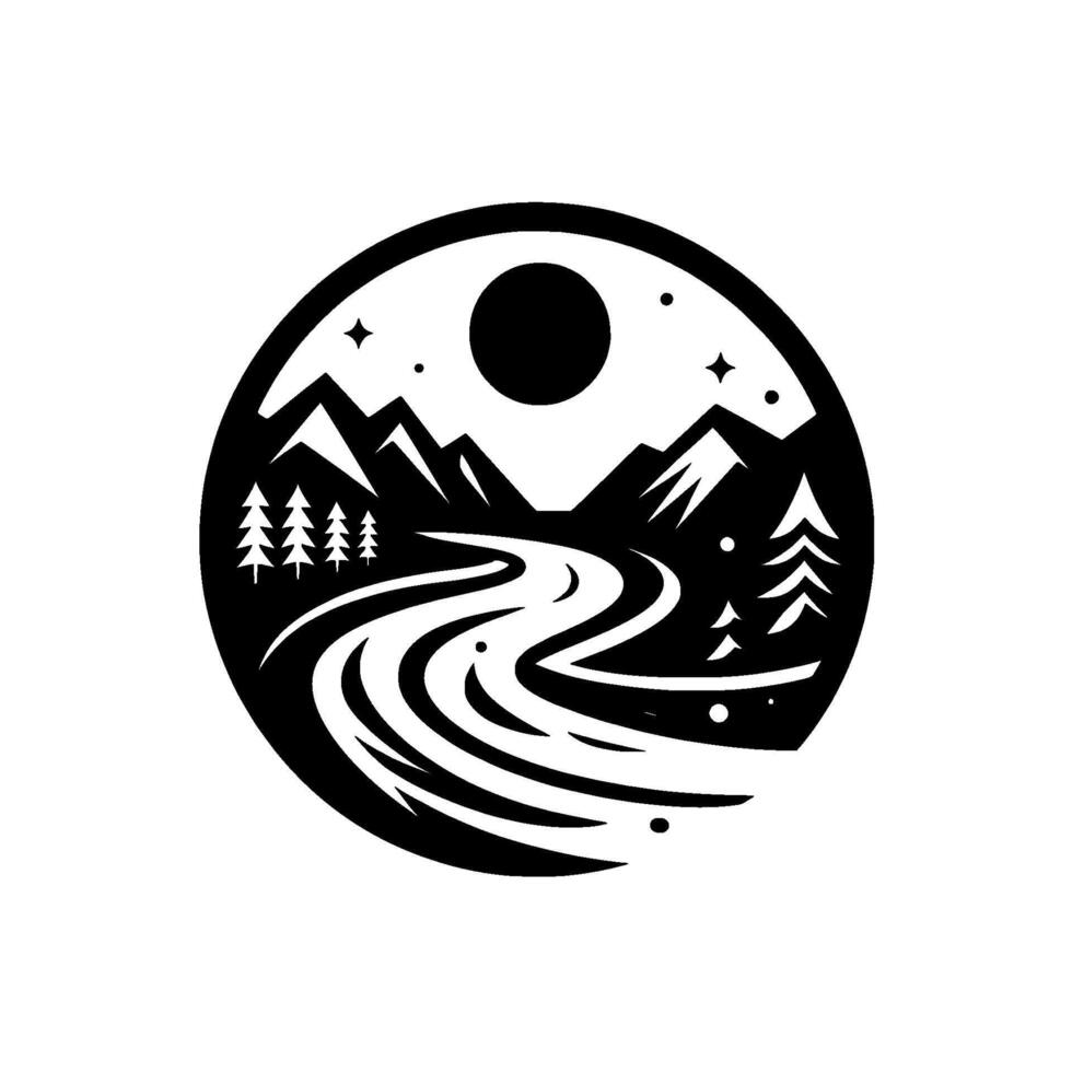 Black and white circular of a scenic landscape, featuring a river, mountains, trees, sun, and stars. vector