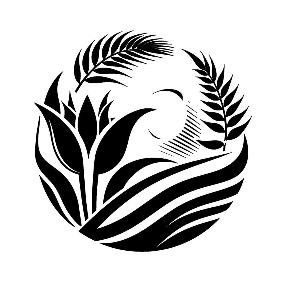 Minimalist Floral in Circle Black and White Illustration with Tropical Plants and Leaves, Symbolic Artwork. vector