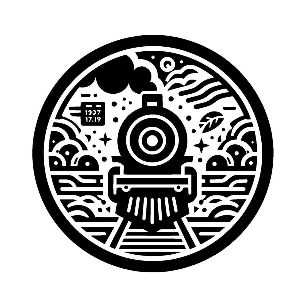 Stylized Black and White Illustration of a Train Traveling Through a Circular Scenic Landscape with Clouds, Stars, and a Leaf, inside a Circle border. vector
