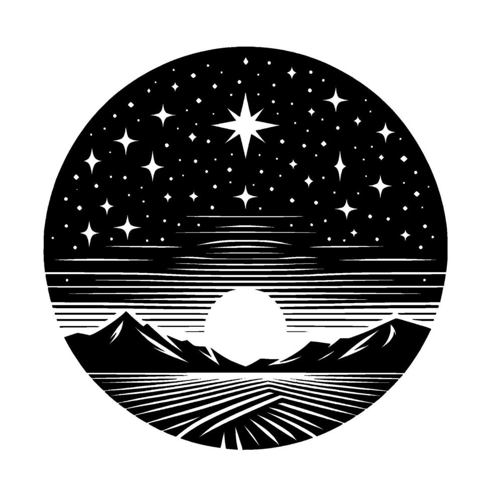Black and white stylized landscape in a circular frame, depicting a starry night over mountains, sun, and fields. vector