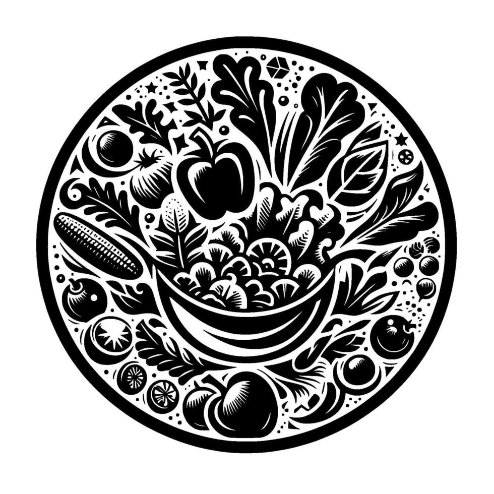 A circular, stylized black and white illustration of a brimming bowl of diverse fresh produce framed by a border of other fruits, vegetables and leafy greens, all with intricate detail. vector